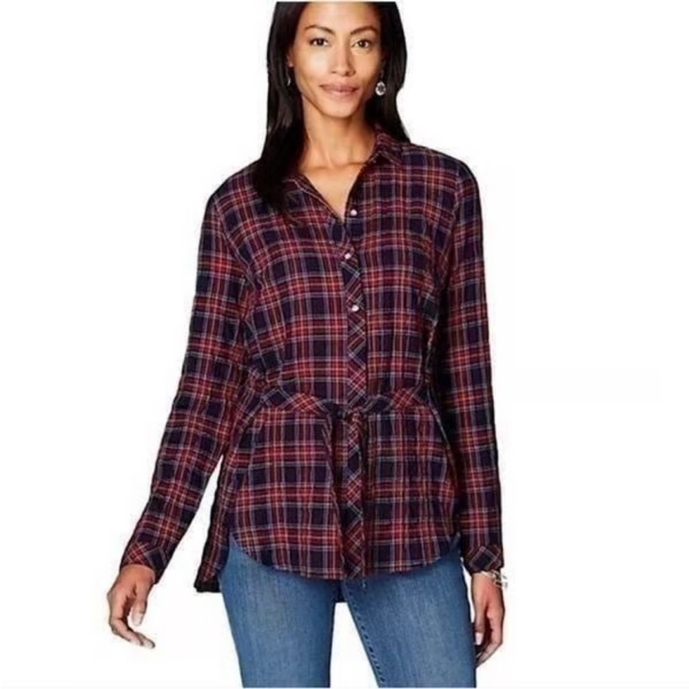 J. Jill Plaid Button Down‎ Long Sleeve Tunic Shirt Tie Waist Large Farmhouse